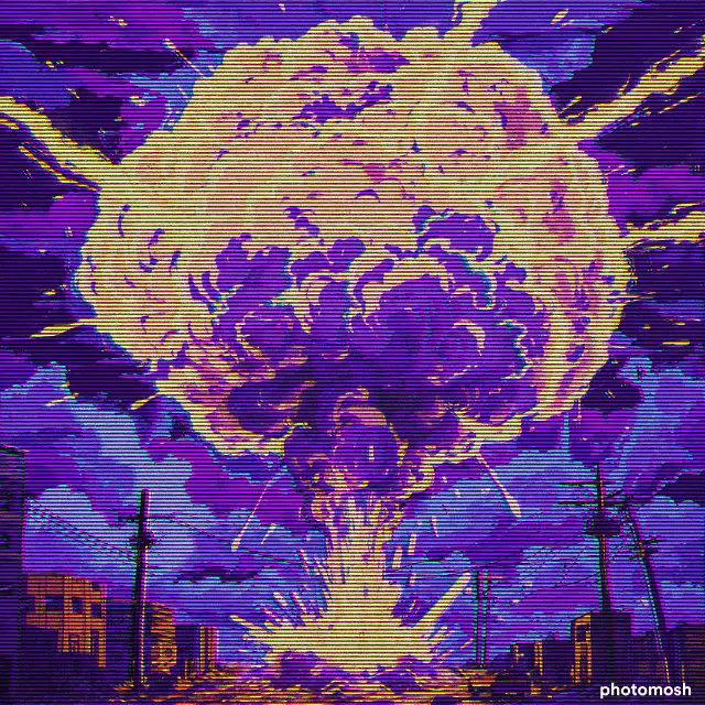 an Illustration of a mushroom cloud probably from a nuclear explosion. It's a gif that has scanlines over the image and it changes through various colors while giving the effect of the whole image "moving" in a trippy or psychadelic way.