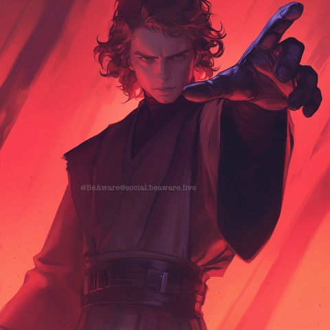 A striking illustration of Anakin Skywalker, set against a backdrop of varying shades of red, from deep maroon to bright crimson. Anakin appears intense and focused, with sharp, piercing eyes and wavy, tousled hair. He wears a dark robe that wraps loosely around his body, and his right hand is outstretched towards the viewer, with fingers poised as if he is using a forceful command or displaying a powerful ability. The character exudes a sense of determination and potential volatility, capturin…