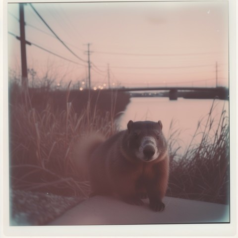 A groundhog in the foreground, with a twilight scene in the background. The groundhog is facing the camera, its features captured in detail, giving it a curious and attentive expression. In the background, there’s a serene body of water reflecting the light of the dusk sky, with a bridge spanning across and faint city lights visible in the distance. Electrical poles and lines run parallel to the bridge, adding an industrial touch to the natural setting. The photo has a vintage, soft-hued Polaro…