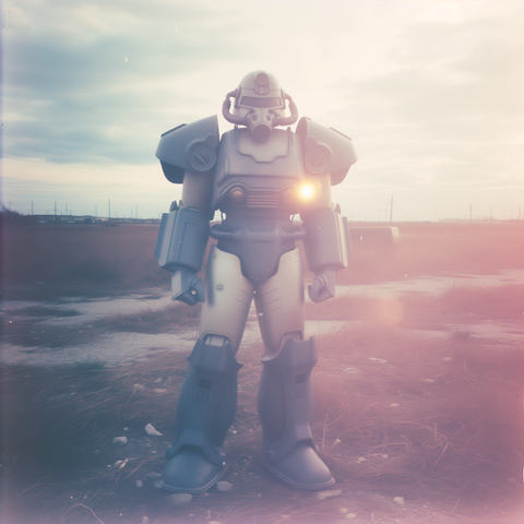 A figure in power armor standing in an outdoor environment at what appears to be either dawn or dusk, given the soft lighting and the sun low on the horizon. The armor is bulky and mechanical, with large shoulder plates, arm guards, and leg guards, suggesting a heavy-duty combat design. The helmet has a prominent visor and a crest-like structure on top, with a pair of hoses or cables extending from the mouth area to the back of the helmet. The color of the armor is a mix of grey and beige.

The…