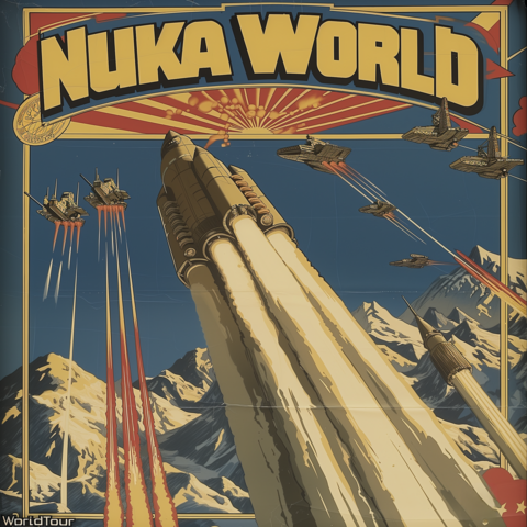 A stylized poster with a retro-futuristic theme. The top of the poster features a large, bold title "NUKA WORLD" set against a bright, bursting yellow sun motif, with the lettering in a dynamic, arc-shaped arrangement that suggests excitement and adventure. Below the title, a large, towering rocket ship is the main focus, blasting off towards the top right corner of the poster with bright red and yellow flames coming from its engines. Surrounding the rocket are several smaller flying objects th…