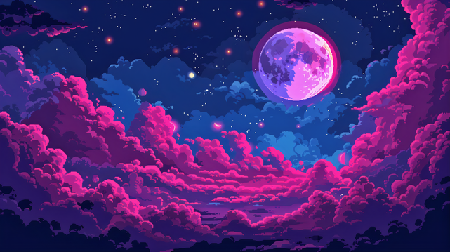 A vibrant and captivating piece of pixel art that depicts a dreamlike night sky. At the center is a large, detailed moon in shades of pink and purple, casting a soft glow that illuminates the surrounding clouds. The sky is a rich tapestry of deep blues, transitioning to darker hues towards the edges, sprinkled with stars that add a touch of sparkle to the scene. The clouds are stylized in various shades of pink, from soft lavender to bright magenta, giving the impression of a surreal and magica…