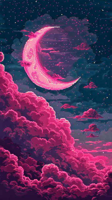 A pixel art depiction of a crescent moon in a night sky filled with stars and clouds. The moon is large and centered towards the upper left side, rendered in shades of pink against a dark blue sky, which gradually darkens as it moves away from the moon. The stars are scattered across the sky in varying sizes, creating a twinkling effect. Below the moon, there are layers of fluffy clouds, artistically styled in a range of pinks from light to dark, adding depth to the image. These clouds cover th…
