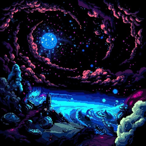 A pixel art scene that depicts a vibrant, cosmic landscape. At the center is a large, bright celestial body surrounded by smaller stars and nebulae, rendered in hues of blue and pink against the deep black of space. Encircling the cosmic scene is a cavernous formation, suggesting that the viewer might be looking up from a cave or a planetary surface. The lower section of the image reveals a serene body of water reflecting the starry sky above, with the shores on either side detailed with variou…