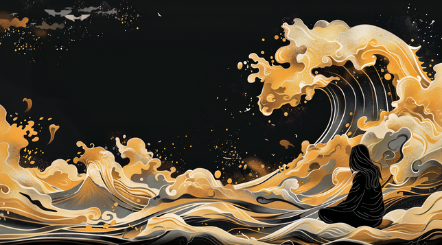 An artistic scene with a person sitting in the foreground, facing away from the viewer, looking out at a large, stylized wave. The wave and the surroundings are rendered in a striking palette of black, gold, and grey, with the wave's curling forms and splashing droplets creating a dynamic sense of movement. The background is dark, setting off the vivid golds and providing contrast that gives the impression of a night scene, possibly referencing traditional Japanese woodblock print styles. The p…
