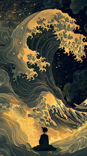 A beautifully stylized digital artwork that portrays a scene reminiscent of traditional Japanese wave paintings. It features a person sitting cross-legged at the bottom of the composition, silhouetted against a highly detailed and ornate depiction of a wave. The color palette is composed of golden yellows, deep blues, and black, with a touch of white for highlights and details, providing a sense of depth and movement. The wave curls over the figure, creating a dramatic arc that fills the upper …