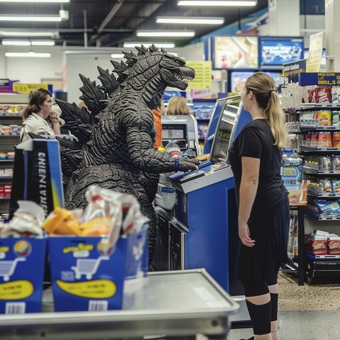 An AI generated image of Godzilla using a self-checkout machine at a grocery store. The Godzilla appears in the same way he does in the original movies. Very "action-figure" type character.