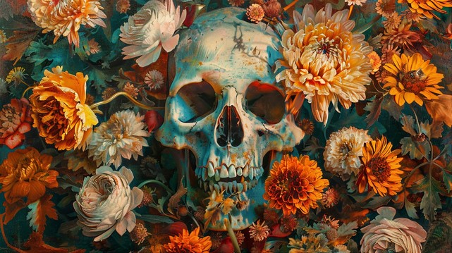A human skull centrally placed amid a vibrant array of multicolored flowers. The skull has a patina that gives it a turquoise hue, contrasting with the rich warm colors of the flowers surrounding it. The flowers are depicted in great detail, with a variety of species, including marigolds, roses, and chrysanthemums, in shades of orange, yellow, and red. The composition creates a juxtaposition of life and death, with the decay of the skull set against the blossoming flowers.
