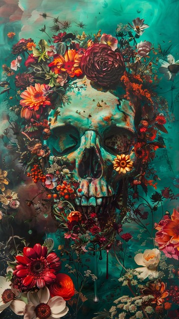 A human skull surrounded by a lush assortment of flowers against a gradient teal background. The skull is centrally located and appears to be part of the floral arrangement, with blooms and foliage emerging from within and around the eye sockets and mouth. Flowers in red, pink, orange, and yellow hues dominate the composition, with some petals and leaves appearing to float, enhancing the ethereal quality of the image. Red drips flow from the skull’s mouth and eye, adding a poignant touch to the…