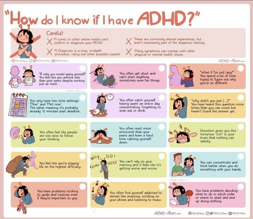A comic strip that serves as a friendly guide on ADHD-related behaviors, cautioning that it doesn’t replace a professional diagnosis. It illustrates various situations familiar to those with ADHD: difficulty in applying oneself, procrastination even with enjoyable tasks, a skewed perception of time, hyperfocus causing basic needs to be forgotten, impatience with others’ thought processes, self-doubt about laziness, heightened emotional responses, a relentless boredom that’s hard to satisfy, fee…