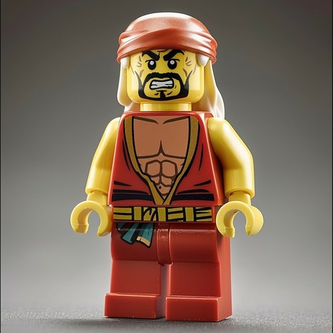 A LEGO minifigure that strongly resembles the wrestler Hulk Hogan. The figure has a muscular appearance, with a yellow skin tone. It features a prominent black beard and mustache combo on a stern, wrinkled face. The minifigure is wearing a red tank top with a deep V-neck showcasing a muscular chest, and a red bandana with a yellow outline on its head, which is characteristic of Hulk Hogan’s iconic look. The figure also has yellow arms, red pants, and a yellow belt with a black center. Its hands…
