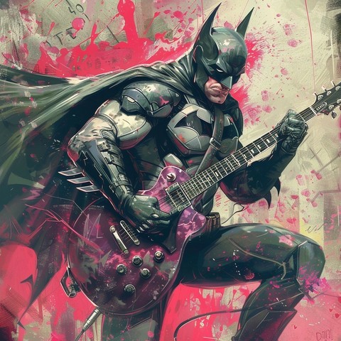 An artistic rendition of a character resembling a rock star version of Batman. He is dressed in a dark, armored suit with a bat-like cowl and a flowing cape. He is holding and playing an electric guitar, which is purple with silver accents. Batman's posture is dynamic and expressive, as if he’s deeply immersed in playing music. The background is abstract, featuring splashes of pink and red, possibly suggesting an energetic performance atmosphere. The overall style is gritty and intense, giving …