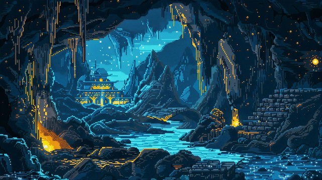 A pixel art image depicting a fantastical cave scene. The cavern is vast, with high ceilings dotted with stalactites. Glowing golden lights illuminate the interior, suggesting the presence of a civilization with buildings structured in a classical architectural style. A river flows gently through the cave, reflecting the light from the buildings and the luminescent dots scattered throughout the scene, creating an ethereal atmosphere. There are also cascades of lava adding a warm orange glow to …