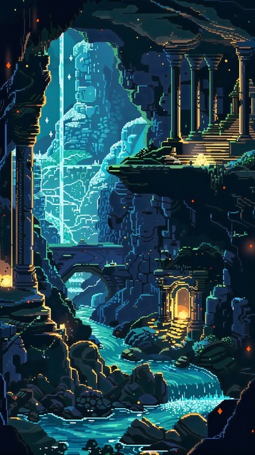 A pixel art image showing an imaginative, vertical cave scene. Eminent pillars and ruins with classical architecture adorn the left side, leading up to a temple-like structure atop a cliff. The scene is lit by a cascade of ethereal blue light that seems to be flowing from the upper regions, bathing the cavern in a supernatural glow. There’s a river running through the center, with a bridge crossing over it. The water is bioluminescent, adding a surreal quality to the environment. In the backgro…