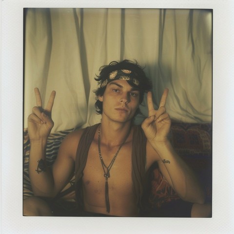 A Polaroid-style photo of a young man with dark hair. He is wearing a headband with a leaf pattern, and his chest is partially bare beneath what appears to be a draped garment or shawl. He has a necklace around his neck and a couple of tattoos on his arms. He’s giving a peace sign with both hands, has a relaxed demeanor, and appears to be sitting against a backdrop of a light-colored curtain with a patterned pillow or textile behind him. The setting evokes a bohemian or retro vibe, reminiscent …