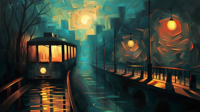 A stylized painting of a city scene at night, influenced by Vincent Van Gogh’s “Starry Night.” A tram is depicted on the left, its interior glowing warmly, traveling along tracks that reflect the light onto the road. The scene is flanked by dark, bare trees to the left and a row of street lamps to the right, casting an orange glow. The sky and the city in the background are rendered in swirling patterns of blue and yellow, evoking Van Gogh’s iconic style. The road ahead curves gently, with the …