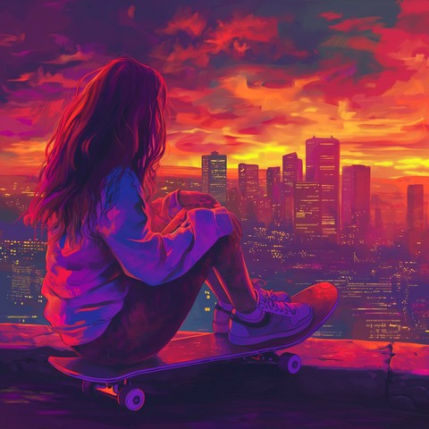 A vibrant digital illustration of a girl with long hair sitting on her skateboard. She’s perched on a high vantage point, perhaps a hill or building ledge, overlooking a city skyline during sunset. The sky is a vivid canvas of purple, orange, and pink hues, with dramatic clouds reflecting the sun’s warm glow. The city below is cast in silhouette with twinkling lights, indicating early evening. The girl, seen from behind, gazes at the scene, her figure bathed in the colorful light. Her casual po…
