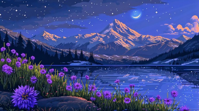 A pixel art representation of a tranquil mountain landscape at night. The sky is dark and dotted with stars, featuring a crescent moon accompanied by whimsical cloud patterns. A majestic mountain with snow-capped peaks glows under the moonlight, with the slopes showing varying shades of blue and orange, indicating the play of light. In the foreground, there’s a field of vibrant purple flowers, possibly wild lavender or similar, which adds a splash of color to the scene. A serene lake mirrors th…