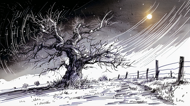 A dynamic and intense scene of a windy night. A gnarled and twisted tree, devoid of leaves, is the focal point, suggesting the force of the wind through its bent and swirling branches. The sky is a tapestry of stars with a luminous full moon casting a soft glow, while streaks of clouds or perhaps shooting stars emphasize the wind's direction, moving from right to left across the sky. On the ground, the grass and foliage are depicted with lines that convey movement, as if bowing to the gusts of …