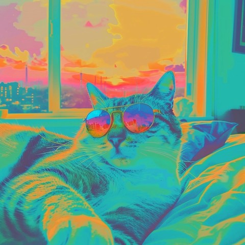 A vibrant and colorfully altered photo of a cat wearing sunglasses. The cat is lying down, and the sunglasses reflect a scene that isn’t visible in the rest of the photo, suggesting a cool demeanor. The colors are heavily saturated in neon hues, giving the image a psychedelic or dreamlike quality. The background features a window through which a sunset or sunrise can be seen, with the sky depicted in shades of pink, yellow, and turquoise. This playful image gives the cat a laid-back, almost hum…