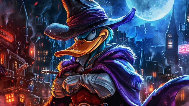 A vibrant and detailed illustration that depicts a character resembling Darkwing Duck, a heroic cartoon character known for his adventures. The character is dressed in a flowing purple cape and wide-brimmed hat, exuding a confident and mysterious aura. His expression is stern and focused, with a piercing gaze. The background features a nocturnal cityscape with an ominous blue and orange palette, lit by glowing windows and street signs, with a full moon and starry sky overhead. The atmosphere is…
