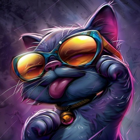 An illustration of a cat exuding a cool and confident vibe, wearing oversized sunglasses that reflect a warm light, possibly indicative of a sunny day. The cat’s fur is richly detailed with shades of blue and purple, and there’s a hint of a contented smile on its face. Its pose suggests relaxation and a carefree attitude, with one paw casually raised. The background is a blend of darker purple tones, providing a nice contrast that highlights the cat and its stylish accessories. This image gives…
