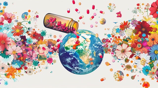 A colorful and vivid composition juxtaposing natural elements with pharmaceuticals. On the left, a large pill bottle is tipped over, spilling an assortment of pills onto a depiction of Earth, highlighting the continents of Africa and Europe. The pills are cascading across the planet’s surface. Surrounding this central imagery is a profusion of brightly colored flowers in various sizes and shapes, creating a lively and chaotic frame around the Earth and pills. Some flowers and pills appear to fl…