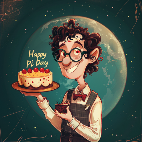 An illustration that celebrates Pi Day with a cheerful character holding a pie. The character has curly hair, big round glasses, and a joyous expression, wearing a vest, shirt, and bow tie. They’re holding out a large pie decorated with whipped cream and strawberries that reads "Happy Pi Day," as well as a smaller pie in a bowl. The background features a large, stylized crescent moon with details of the Earth visible, adding to the whimsical and cosmic feel of the scene. The play on words betwe…