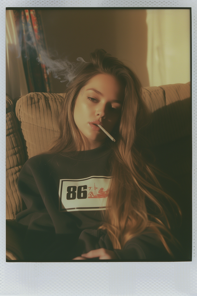 A Polaroid-style photo of a young woman with long hair sitting in a relaxed posture. She has a cigarette in her mouth, and a gentle stream of smoke is rising. She's wearing a dark sweater with the number '86' and some text in a contrasting white font. The lighting casts a warm glow on her face and sweater, creating a moody atmosphere. It's a portrait that captures a quiet, introspective moment.