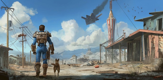 A scene reminiscent of the post-apocalyptic world from the video game series “Fallout.” A male character, presumably a Vault Dweller given the iconic blue jumpsuit and the life support gear on his back, walks away from the viewer alongside a dog. They are moving through a desolate landscape with dilapidated buildings, electrical poles, and a dusty road. In the sky, a futuristic aircraft emits smoke as it flies past a rocket with the American flag, suggesting an alternative reality with advanced…
