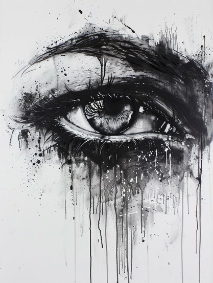 A striking black and white painting that depicts a close-up of an eye with a profound level of detail. The eye is highly expressive and seems to gaze directly at the viewer. Above and around the eye, the paint is applied in an aggressive, almost violent manner, with streaks and splatters extending outward. Below the eye, the paint runs downward in thick, dark drips, giving the impression of tears or ink melting away. The contrast of the detailed eye with the chaotic paint splashes creates a com…