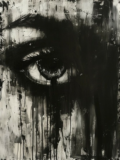 A black and white painting featuring a close-up of a detailed, expressive eye. The artwork has a raw, emotional quality, with broad, gestural brushstrokes that create a sense of movement and intensity. Dark paint seems to drip or run down the canvas from the eye, resembling tears or mascara streaks. The eye itself is strikingly lifelike amidst the abstraction surrounding it, which could suggest themes of vision, perception, or the pouring out of emotion. The contrast between the realistic eye a…