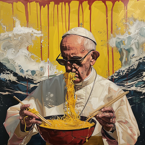 A person resembling the Pope, identified by the white cassock and zucchetto, enjoying a bowl of ramen. The figure holds chopsticks in his right hand, lifting a hearty serving of the ramen noodles to his mouth. The Pope wears sunglasses, adding an unconventional and humorous twist to the scene. In the background, a vivid juxtaposition is presented: a golden yellow section drips down into a tumultuous sea with a wave cresting dramatically, reminiscent of the famous Japanese print "The Great Wave …