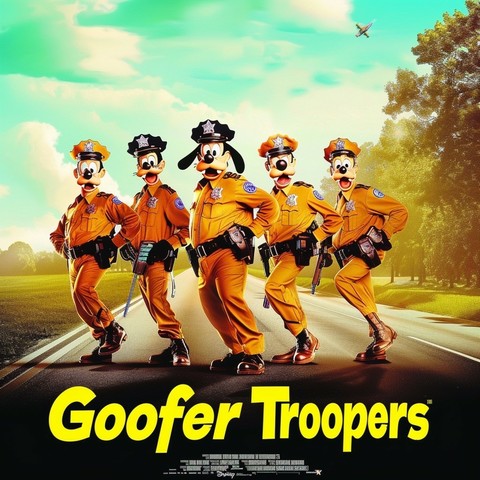 A poster for a movie named "Goofer Troopers". The poster is a humorous parody of the film "Super Troopers". It portrays several Disney Goofy characters dressed up in orange/tan police uniforms with their hands on their hips in a play on a sexy pose and a cop putting their hands on their firearms.