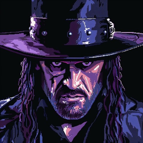 A stylized pixel art image of a figure known as The Undertaker, a persona from professional wrestling. The artwork is dominated by dark and purple hues, giving it a brooding and intense atmosphere. The figure is characterized by long, dark hair, and a wide-brimmed hat casting a shadow over the eyes, which adds to the mysterious and ominous aura. The facial expression is stern and grim, with deep-set eyes and a furrowed brow, contributing to a formidable and intimidating presence. The attire see…