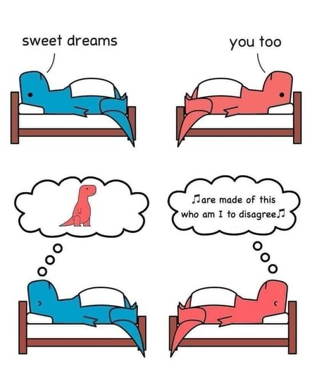 The image humorously illustrates the experience of trying to sleep with ADHD, often characterized by intrusive and wandering thoughts. In the first panel, two dinosaur characters are in separate beds: the blue dinosaur wishes “sweet dreams,” and the red dinosaur responds with “you too.” In the next panel, as they attempt to sleep, we see into their thoughts. The blue dinosaur thinks of a red dinosaur, representing a simple, straightforward thought. Conversely, the red dinosaur’s thought bubble …