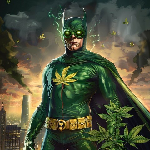 A superhero with a striking resemblance to a well-known caped crusader, but with a distinctive twist. He’s clad in a green suit emblazoned with a large leaf emblem on the chest, akin to a cannabis leaf. His mask is also green and is fitted with glowing green lenses. A subtle pattern of similar leaves is etched into his costume, and his utility belt bears a symbol that mirrors the leaf motif.

Behind him, a stormy sky is alight with flashes of lightning, giving the scene a dramatic backdrop. Lea…