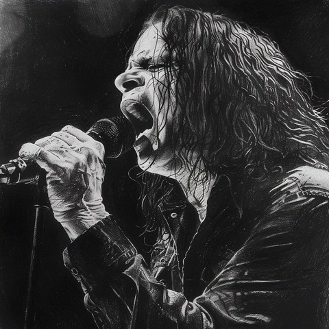 A black and white pencil drawing of a man resembling Ozzy Osbourne singing into a microphone.
