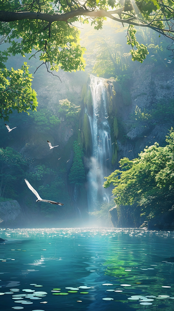 A majestic waterfall in the heart of a lush forest. Sunlight filters through the canopy, casting a radiant glow that dances on the mist and the vibrant green leaves. The waterfall itself is a white cascade, a stunning contrast against the rich tapestry of the forest. Below, the pool is serene, dotted with lily pads, reflecting the light of the sky above.

Birds glide gracefully through the air, adding a sense of freedom and movement to the stillness of the scene. The play of light on the water’…
