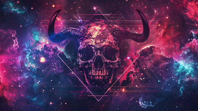 A skull with prominent horns set against a backdrop of a cosmic nebula. The skull is centrally positioned and adorned with geometric shapes and lines that create a sense of mystical symmetry. The horns curve outward with a smooth, polished look, adding a formidable aspect to the skull.

The nebula behind is a swirl of pink, blue, and purple hues, dotted with stars, resembling the deep, mysterious expanse of space. This interstellar setting is both beautiful and eerie, giving the skull a celesti…