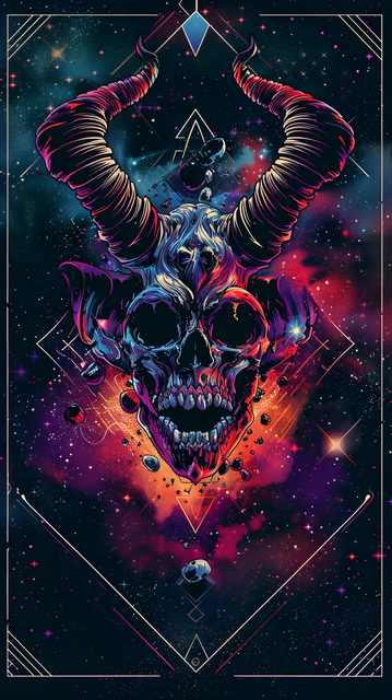 A strikingly intense and colorful artwork that combines elements of the macabre with cosmic wonder. At the center is a detailed illustration of a demon skull, complete with large, twisting horns that extend outward, framing the composition. The skull is highly stylized with intricate lines and vibrant colors that give it a neon glow, reminiscent of the visual style often seen in science fiction and fantasy-themed art.

Set against the dark backdrop of space, speckled with stars and nebulae in s…