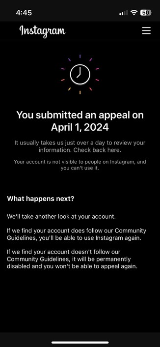 A screenshot from the Threads app that reads "You submitted an appeal on April 1st"
