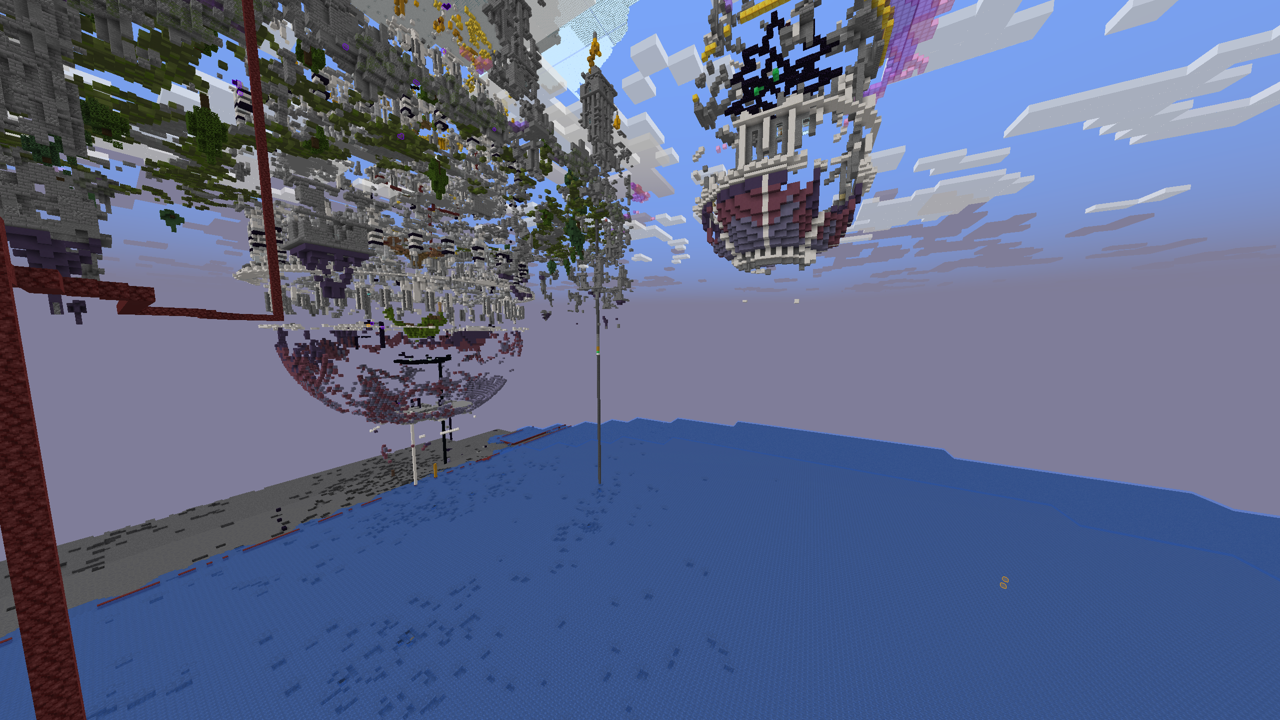 Another perspective of the griefed Imperator 2 base inside of "Kali's Gape" on the 2b2t Minecraft server. The floating remnants of the once-grand base are more visible, with large spherical and architectural structures hanging in the air, now fragmented and partially destroyed. The intricate builds, which once stood as a testament to players' creativity, have been reduced to floating debris due to griefing.  Below the remnants, you can see the vast, empty area where the bedrock is exposed, revealing the true scale of Kali's Gape—a 1,000 x 1,000 hole that extends all the way to bedrock. The water-covered bedrock floor adds to the desolate feeling, contrasting with the ruined pieces of the base above.  This image shows the aftermath of destruction and the relentless nature of 2b2t, where even the most beautiful and carefully constructed player creations are often reduced to ruins. The combination of floating, shattered structures and the void-like expanse of Kali's Gape highlights the chaotic environment on the world's oldest anarchy server.