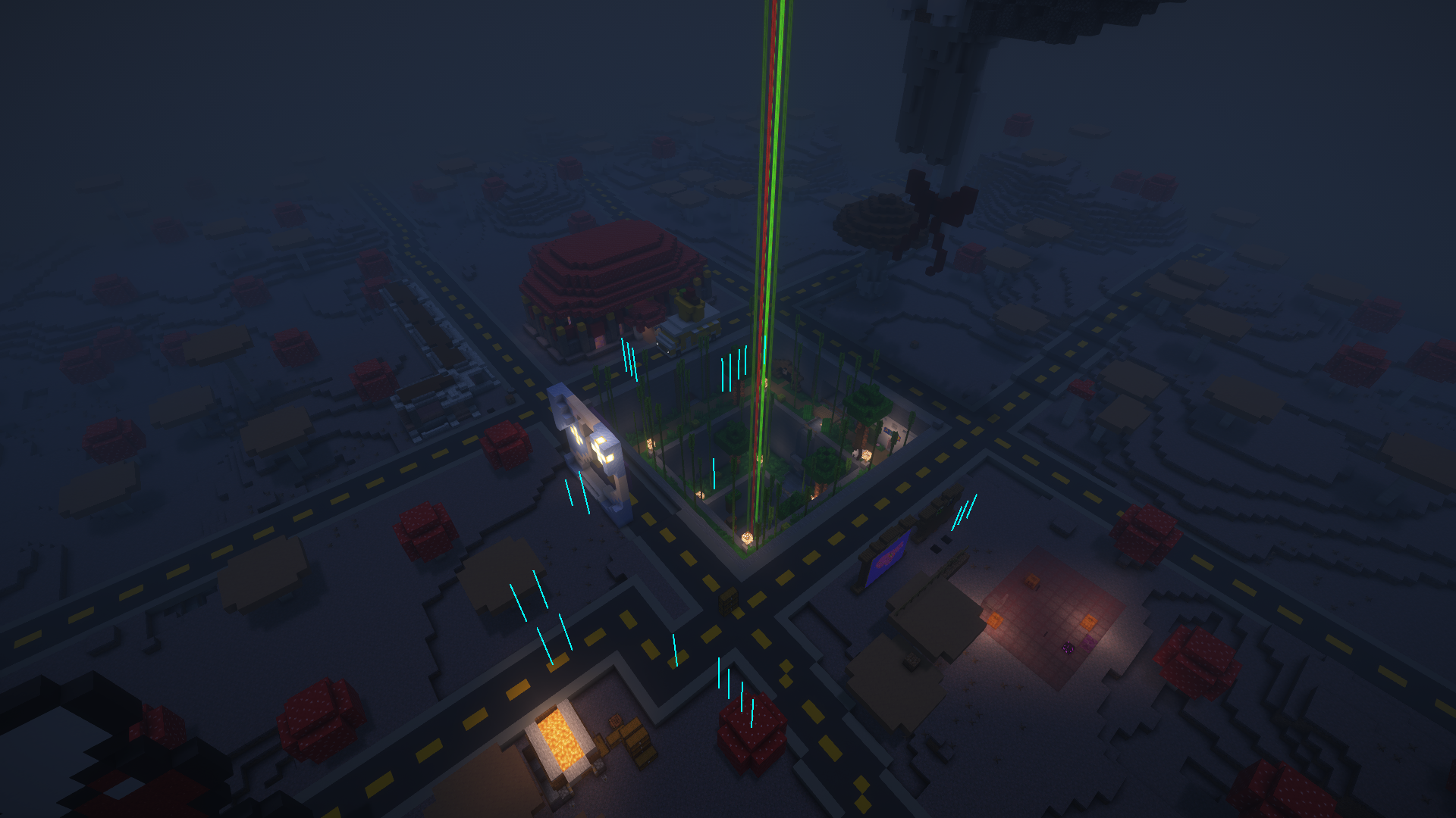 An overhead view of Melongrad, the admin base for the Melon Men group on the 2b2t Minecraft server. The screenshot captures the distinct layout of the base, featuring a network of roads marked with yellow and black lines, reminiscent of a city grid. At the center of the image, there is a towering beam of green and red light, created by beacons, illuminating a garden-like area filled with trees and bamboo.  Surrounding the central beacon area, various structures are visible, including a large red building that resembles a traditional-style structure with decorative elements. The landscape is dotted with giant mushroom blocks, typical of a mushroom biome, adding a surreal ambiance to the scene. In the bottom part of the image, smaller lit areas and pathways suggest additional structures and details, all contributing to the well-planned, urban-like layout of Melongrad.