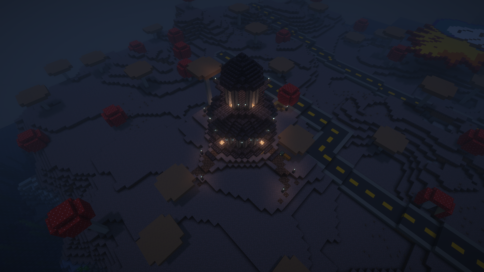 A view of a dark, cylindrical structure in Melongrad, the Melon Men admin base on the 2b2t Minecraft server. The building has a layered, circular design with a domed roof and is illuminated by glowstone or lanterns, casting a warm light against the otherwise shadowy environment. It sits near a road with the characteristic yellow and black markings seen in Melongrad’s layout.  Surrounding the structure are giant mushrooms typical of the mushroom biome, adding an eerie atmosphere to the scene. The road network is visible nearby, connecting this building to other parts of the base. The structure’s detailed design and strategic lighting suggest it might serve as an important or central building within the Melongrad base layout.